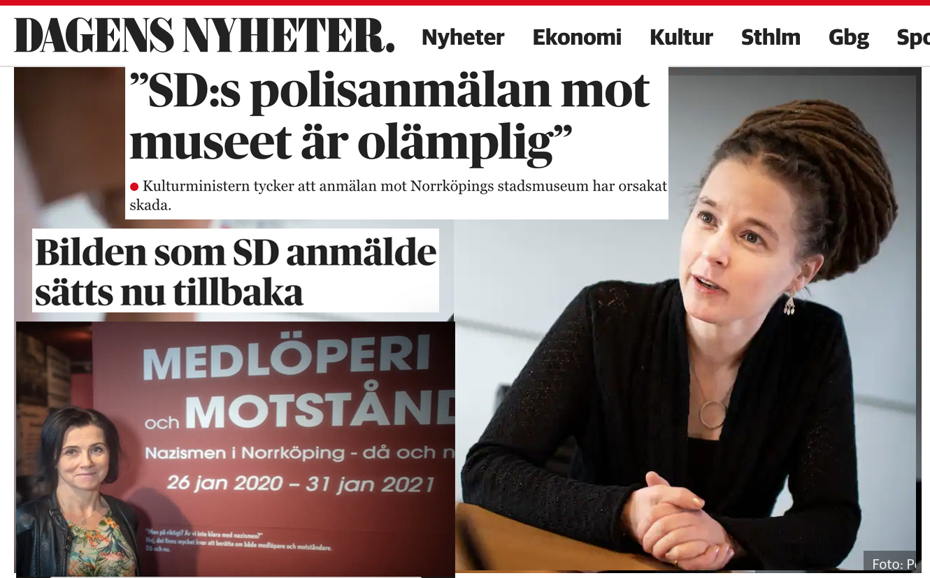 Amanda Lind (Mp) anser det vara yttrandefrihet när Norrköpings stadsmuseum kallar SD:are för medlöpari-nazister. Så bilden är uppsatt igen.