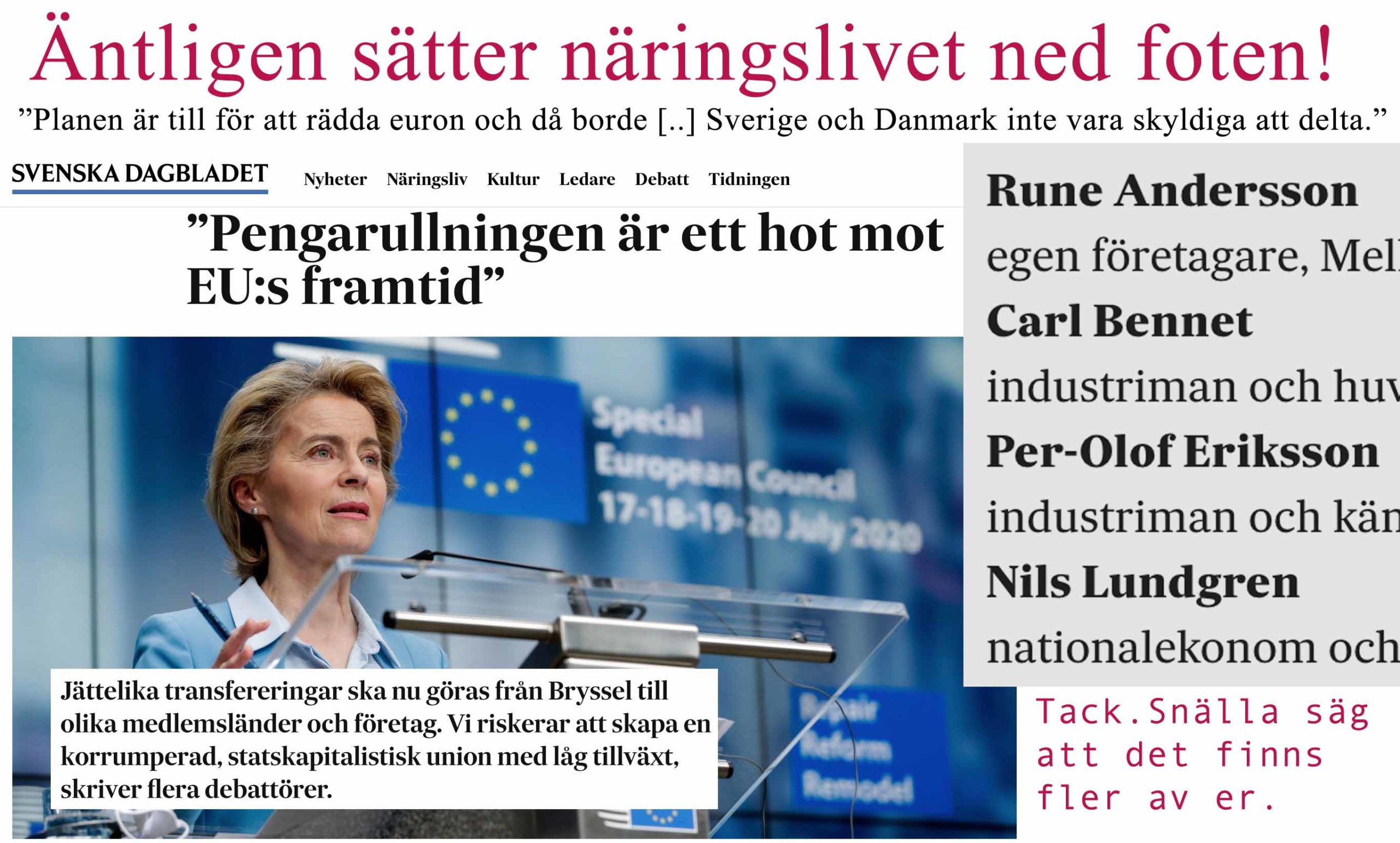 Tunga näringslivsföreträdare undrar varför Sverige ska behöva hjälpa till att rädda euron. Det borde även Löfven ha frågat sig.